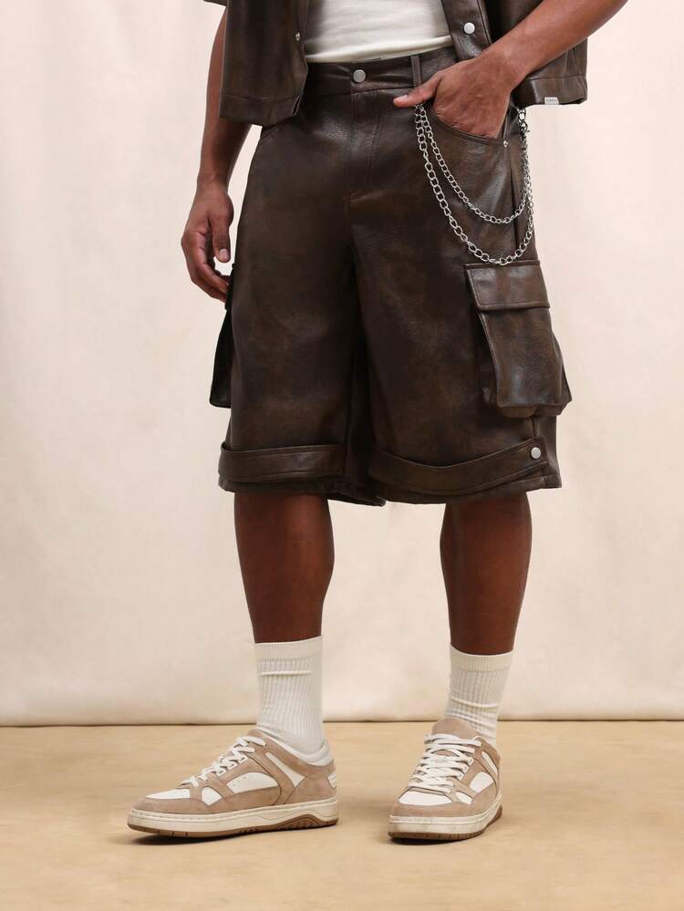 Men's Faux Leather Cargo Shorts With Chain Details And Multiple Pockets Rolled Hem Design Urban Streetwear Style Summer Casual Bottoms