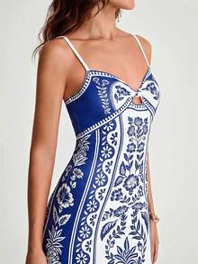 CAJUNI 全身印花镂空扭结休闲度假吊带裙 - 藍色 - 查看 6