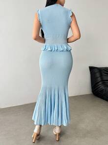 Modelyn Bộ 2 món kiểu dáng thanh lịch dành cho quý cô: Áo vest dệt kim không tay và chân váy dài xếp ly. - Màu xanh lam - Xem 2