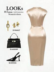 SHEIN Franclia 早春香槟金光泽连衣裙 - V 领插肩袖廓形，交叉扭结腰身搭配金属扣饰，中长侧开衩修身裙：鸡尾酒会、约会之夜和优雅通勤的奢华之选 - 杏色 - 查看 2