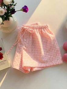 Comfortcana 2026春夏新款时尚女式休闲粉色格子棉麻短裤，新年 - 粉色 - 查看 4