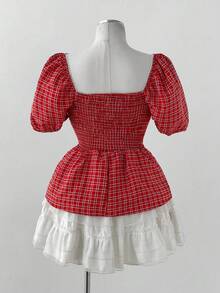 Sweetra Camisa casual de manga corta a cuadros rojos, primavera/verano - Multicolor - Ver 2