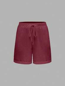 Linhara CURVE Plus Size Washed Cotton Cinched Waist Backpocket Button Decor Short Casual Top - Burgundy - View 6