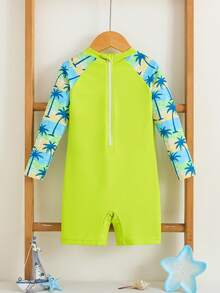 SHEIN Young Boy Palm Tree Letter Print Raglan Sleeve Swimsuit Set - Multicolor - View 3