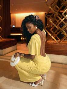 Slaydiva 2025 New Elegant Sexy Long Dress, Waist Cinched, High Slit, Batwing Sleeves, Cream Yellow, For Party, Birthday, Bar, Nightclub, Valentine's Day, Halloween, Christmas, Wedding, Cocktail - Pale Yellow - View 2