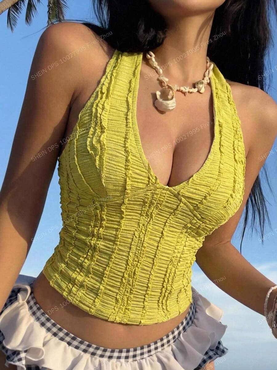 MainGRL SHEIN 春夏度假系列:一款亮绿色露背吊带上衣,完美适用于度假、海滩、约会和日常穿着,春夏上衣,女士海滩装,外出上衣 - 綠色 - 查看 1
