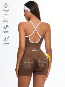 Eassivo Women's Seamless High Elasticity Aerobic Yoga Fitness Criss-Cross U-Back Jumpsuit - Coffee Brown - View 2