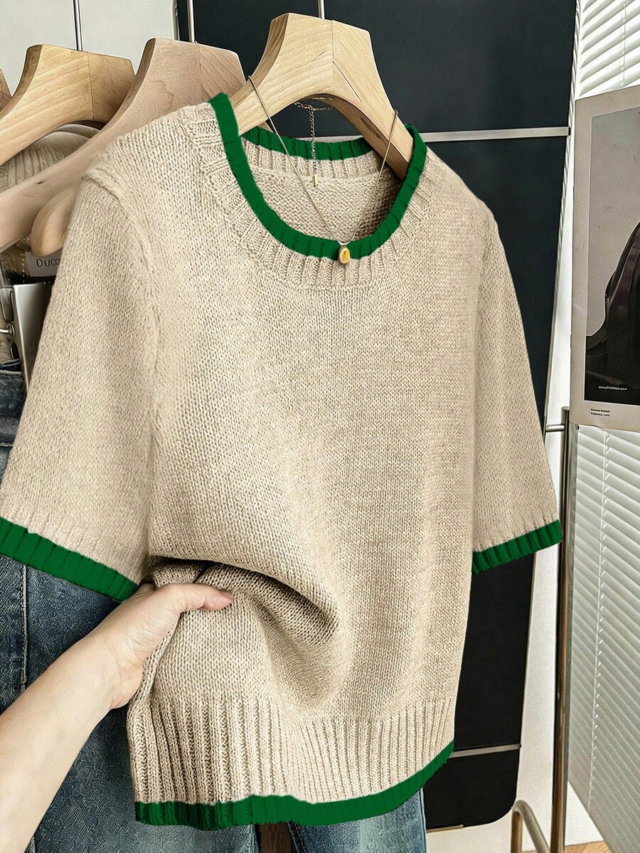Franclia Women Summer Beige Round Neck Contrast Color Loose Knit Pullover Top,Autumn Casual Back-To-School Soft & Comfortable Short Sleeve Plus Size Sweater - Army Green - View 1