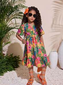 SHEIN Young Girl Casual Vacation V-Neck Tropical Print Dress - Multicolor - View 3