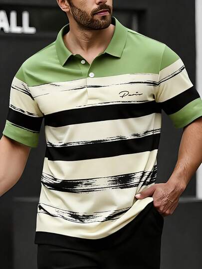 Manfinity Homme Camisa polo de hombre a rayas verdes y negras, estilo maduro con logotipo con letra en el pecho, casual de manga corta, camisa polo de contraste de color ligera y casual para uso diario