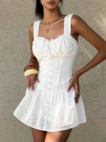 FavEase Đầm midi nữ kiểu dáng retro ngọt ngào, chất liệu jacquard phối ren, thắt eo, thích hợp cho kỳ nghỉ. - trắng - Xem 8