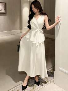 DAZY Women's Elegant Solid Color V-Neck Belted Shirt And A-Line Skirt 2-Piece Set, Spring/Summer - Beige - View 6