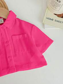 SHEIN LMoss Kids 女婴可爱白色短袖衬衫，夏季百搭 - 玫紅色 - 查看 4