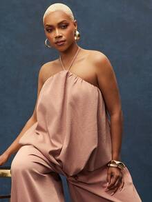 Textured Woven Bubble Hem Open Back Halter Top - Dusty Pink - View 4