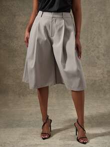 Vixey Quần culotte dáng suông xếp ly dệt trơn - Màu xám đen - Xem 2