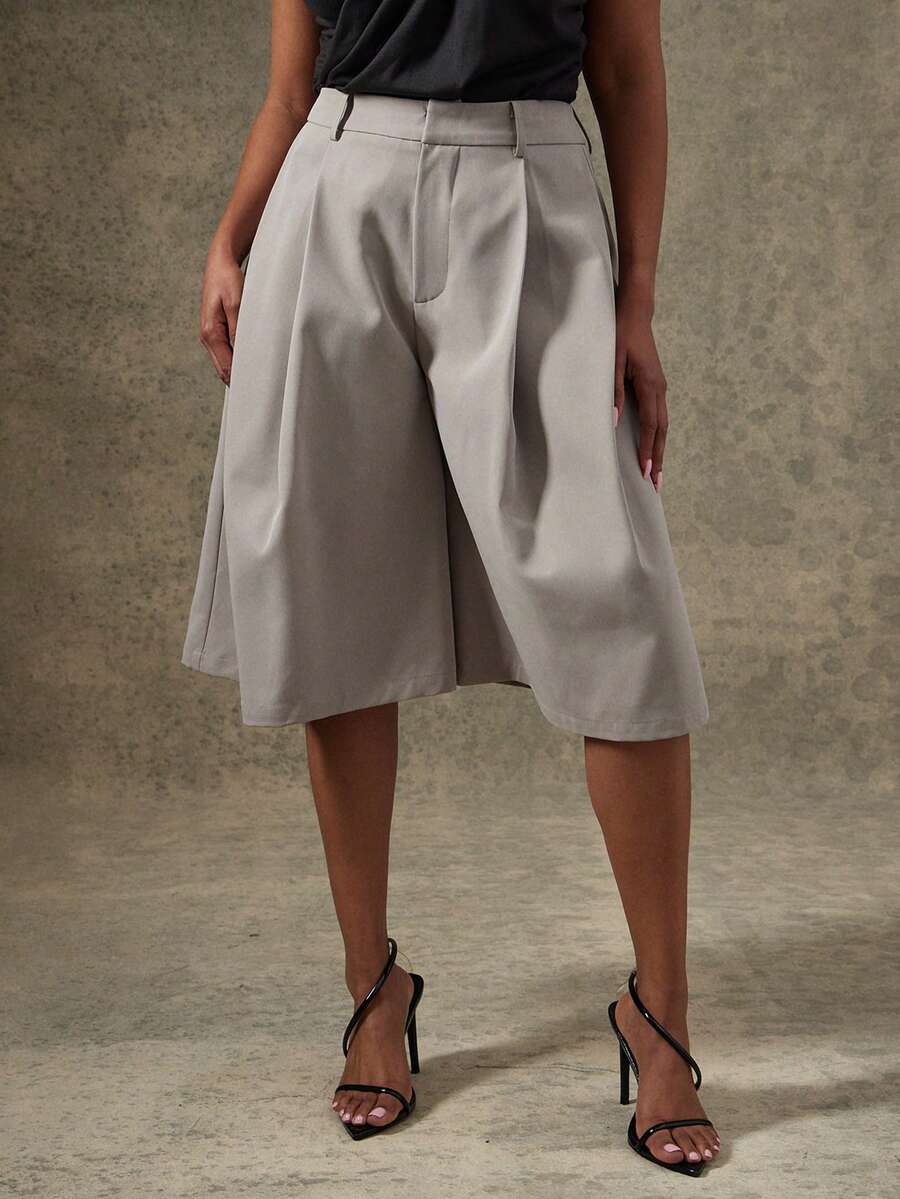 Vixey 纯色梭织褶裥筒形阔腿短裤 - 深灰色 - 查看 1