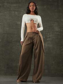 Denimoi 褶裥腰阔腿裤 时尚街头风 90 年代复古风宽松裤 - 棕色 - 查看 5