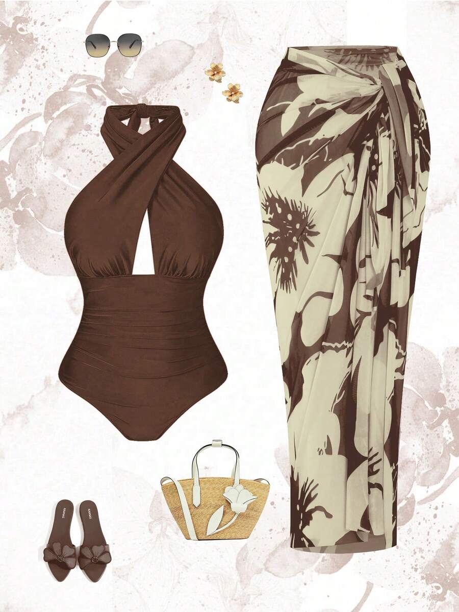 Swim Oasis 大码女式两件套露背吊带连体泳衣，含随机印花长款沙滩罩裙，度假休闲泳装套装 - 咖啡棕 - 查看 1