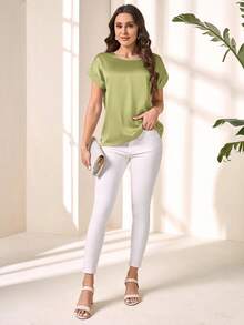 SHEIN LUNE 女士香槟色圆领蝙蝠袖缎面短款春季衬衫 - 綠色 - 查看 3