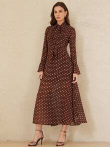 Aveloria Rosie French Retro Elegant Graceful Women Minimalist Versatile Daily Wear Chiffon Contrast Polka Dot Bow Tie Ribbon Flare Sleeve Waist Cinched Flowy Dress - Multicolor - View 5