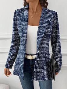 SHEIN Clasi 女士千鸟格印花翻领长袖优雅西装外套 - 藍色 - 查看 7