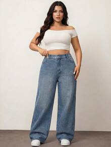 SHEIN Unity 大码女式水钻口袋宽腿宽松休闲牛仔裤 - 深色水洗藍 - 查看 4