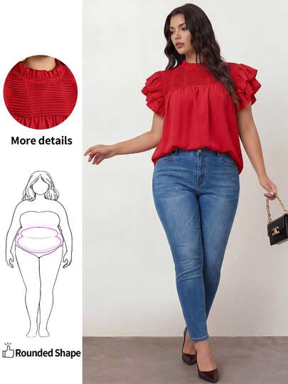 Enliva 加大码纯色荷叶边休闲套头衫情人节度假装女士夏季服装女士外出上衣女士、商务休闲女装、夏季、可爱衬衫、办公室商务休闲女装