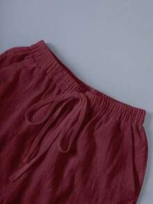 Linhara CURVE Plus Size Washed Cotton Cinched Waist Backpocket Button Decor Short Casual Top - Burgundy - View 7