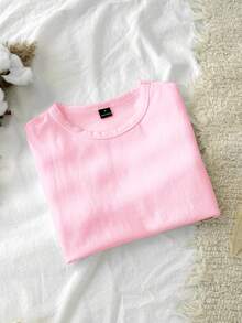 Tseoso 1件纯色修身T恤，95%棉，粉色圆领短袖，适合夏季穿着 - 淺粉色 - 查看 9