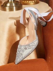 CUCCOO TILAWA 尖头套脚鞋，饰有玻璃水钻 - 防滑TPR鞋底，舒适鞋垫，适合婚礼、派对和正式场合，新娘鞋 | 复古设计 | 防滑鞋底，女士高跟鞋 - 銀色 - 查看 6