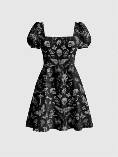 ROMWE Goth Vestido Floral Estilo Gótico Romântico com Borboleta, Sol e Lua, Gótico Escuro Sexy, Estilo Universitário para Férias para Mulheres