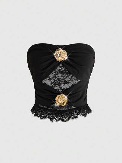 ROMWE Avant Áo hai dây ren khoét lỗ màu đen gợi cảm với khóa kim loại mạ vàng hồng dành cho nữ.