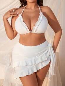 Swim Mod Summer Beach Women's Plus Size White Halter Neck, Spaghetti Strap, Lace Trim Bikini Set 3 Pieces Set - White - View 5