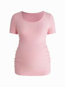 Modmama Camiseta plisada de manga corta y cuello redondo informal para mujeres embarazadas - Multicolor - Ver 4