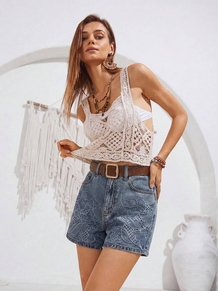 Summer Blue New Heavy Embroidered Wide Leg Denim Shorts, Women High Waist Loose Straight Shorts