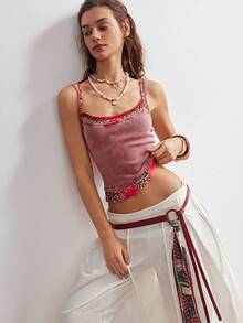 Bohemela 女士休闲性感Y2K波西米亚西部音乐节复古水洗做旧撞色拼接二合一细肩带背心，夏季上衣，基础款上衣，四季皆宜，非常适合休闲外出、闺蜜聚会、音乐节、派对叠穿或居家休闲穿着。 - 彩色 - 查看 8