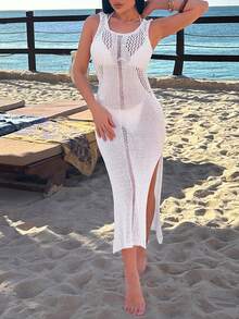 EURMUSE Robe longue en crochet ajourée en fil de laine de haute qualité - Blanc - Voir 4