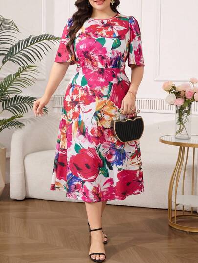 Reflora Vestido elegante de manga corta con cuello redondo y estampado floral para mujer de talla grande