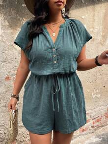 EMERY ROSE Plus Size Casual Everyday Comfortable Cotton Jumpsuit With Raglan Sleeves And Waist Cinching - Blue - View 3