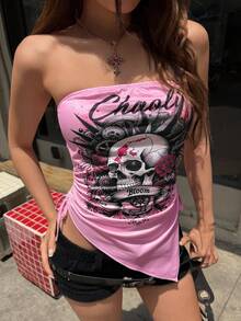 INAWLY Women's Fashionable Street Style Skull & Letter Print Drawstring Ruched Cropped Tube Top, Summer - Pink - View 5