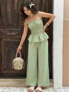 Girlism Teen Girls Mint Green Chiffon Camisole & Wide Leg Pants 2 Pieces Vacation Casual Outfit Woven Texture Green Outfit Linen Two Piece Set Spring 2 Piece Sets Summer Matching Set Summer Pants Sets - Green - View 3