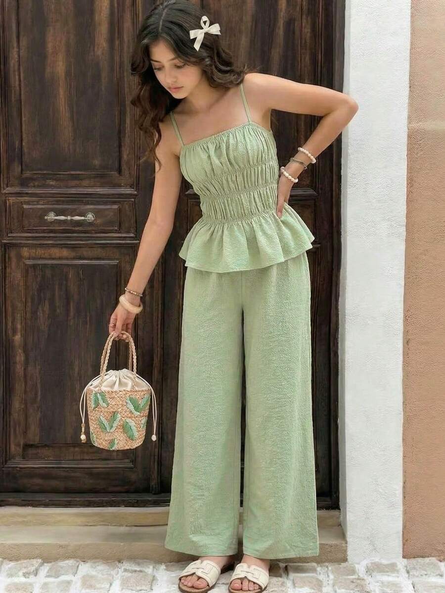 Girlism Teen Girls Mint Green Chiffon Camisole & Wide Leg Pants 2 Pieces Vacation Casual Outfit Woven Texture Green Outfit Linen Two Piece Set Spring 2 Piece Sets Summer Matching Set Summer Pants Sets - Green - View 1