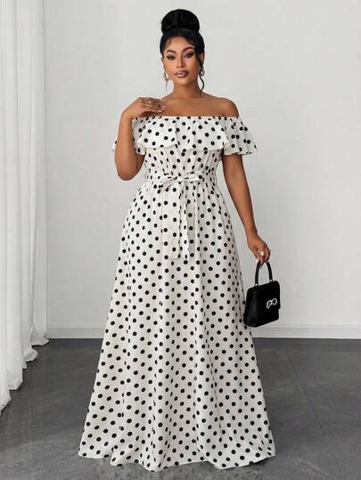 Maweii Plus Size Women's Spring/Summer New Lightweight Flowing Fabric Black & White Polka Dot Print Off-Shoulder Ruffle Trim Dress, Tie Bow Waist Fitted Long Flared Skirt. Suitable For Fashionable Casual Gatherings, Romantic Dates, Valentine's Day Afternoon Tea, Graduation Ceremonies, Travel Vacations, Urban Outings, Romantic Wedding Season And Elegant Guest Attire: Graceful Outfit, Minimalist Fashionable Plus Size Women's Clothing Off Shoulder Dresses Polkadot Dress Polka Dot Dresses For Women Long Dr