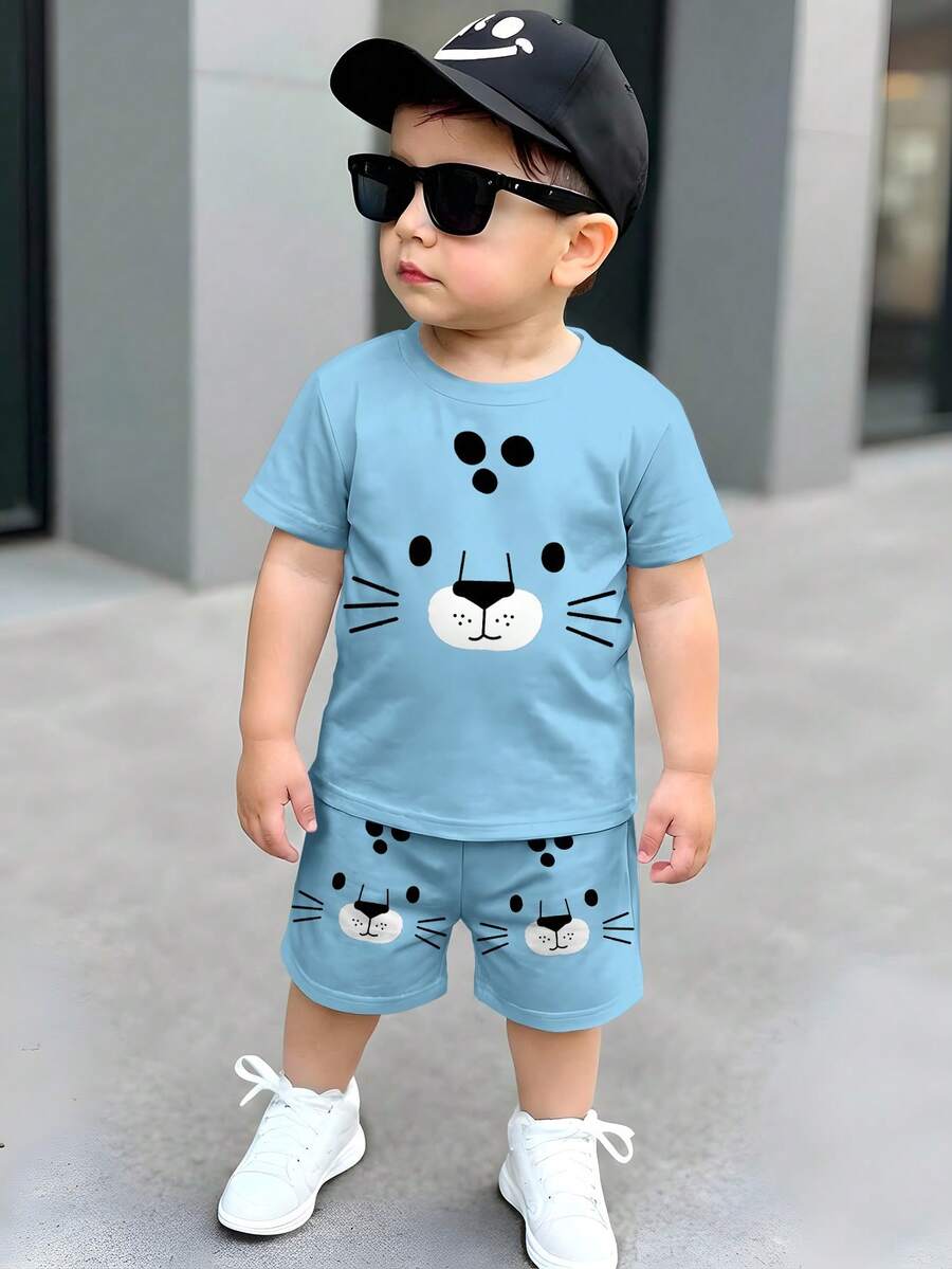 SHEIN Conjunto de camiseta casual minimalista para niño pequeño, adecuado para el verano, con estampado clásico y lindo de tigre - Multicolor - Ver 1