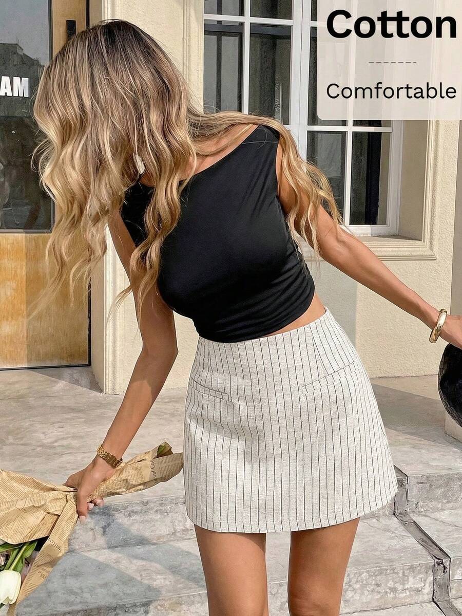 Serisse 女士条纹休闲百搭日常迷你裙 - 杏色 - 查看 1