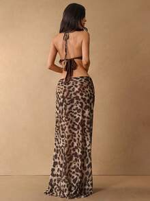 SHEIN BAE 1 Set Leopard Print Backless Deep V-Neck Metal Decor Swimsuit & High Slit Maxi Skirt, 2-Piece Swimwear Set,Beige Summer Casual Beach Vacation Fall - Brown - View 2