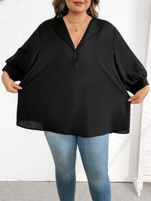 SHEIN CURVE+ Bluză neagră, casual, solidă, cu mânecă episcopală, mărime plus, ținute occidentale pentru femei, boho, hippie, cowgirl, boem, Old Money, vară, concert, festival rave, vară boho, Old Money, vară, vacanță de primăvară, festival rave, vacanță de primăvară/2026/Anul Nou - Negru - Vizualizare 9