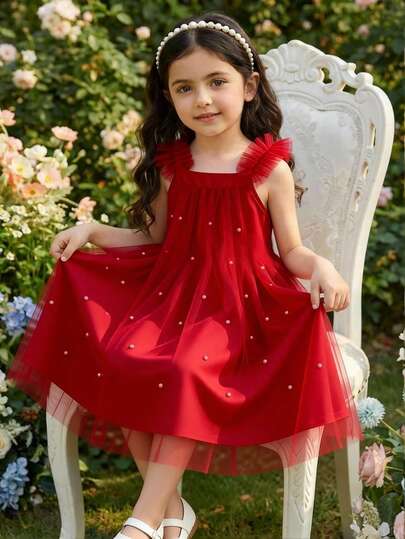 Glamorique Kids Girls' Red Spaghetti Strap Dress, Shoulder Strap Patchwork With Mesh, Fully Decorated With Pearl Embellishments, Lightweight Mesh Skirt Flowing And Graceful, Festive And Sweet, Suitable For Parties, Banquets, Birthday Celebrations, Shines Bright For Holidays Or Everyday Wear