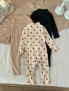 SHEIN LMoss Kids Conjunto de 3 piezas de pelele de punto elástico con estampado de lunares de manga larga para bebé niña recién nacida, otoño/invierno - Multicolor - Ver 2