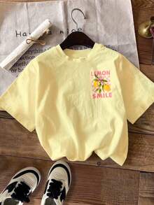 Áo thun ngắn tay cổ tròn màu vàng chanh nhạt, họa tiết nơ chanh kiểu retro, phong cách tối giản thường ngày dành cho nữ tuổi teen, thích hợp mặc hàng ngày vào mùa xuân/hè, phong cách đường phố, đi chơi, du lịch, họp mặt, đi học hoặc đi biển mùa hè. - Nhiều màu - Xem 5
